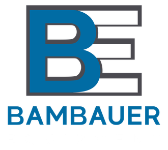 Bambauer logo with blue and gray stylized “B” and “E” above the word “BAMBAUER”