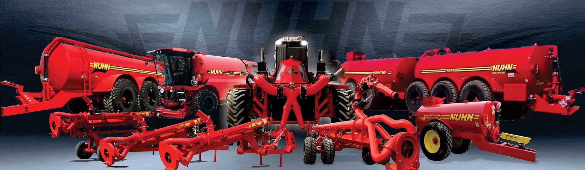 Red agricultural machinery lineup displayed side by side on a dark background.
