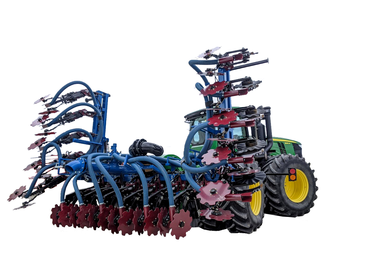 A large blue and red farm implement with multiple curved tines and wheels on a white background