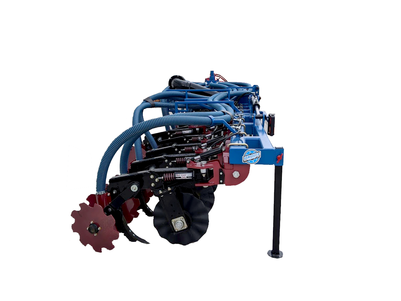 Blue and black agricultural machine with hoses, wheels, and a red gear attachment on white background