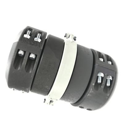 Black and gray cylindrical electrical connector with metal clips on a white background