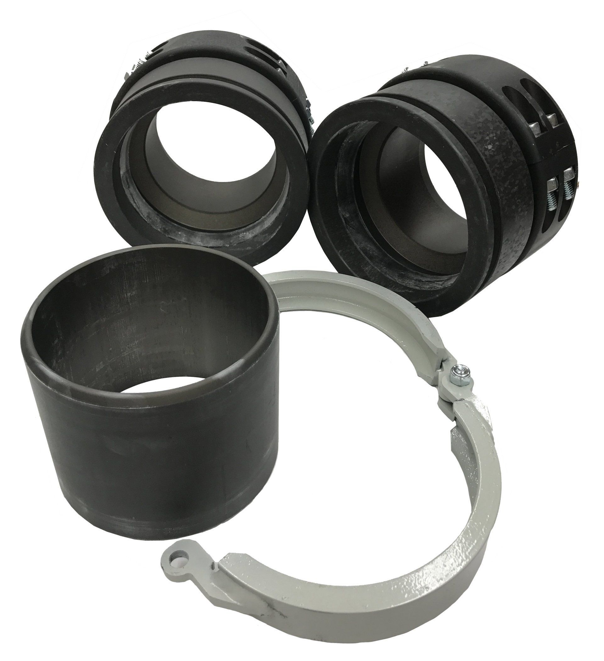 Black mechanical rings and a silver clamp against a white background