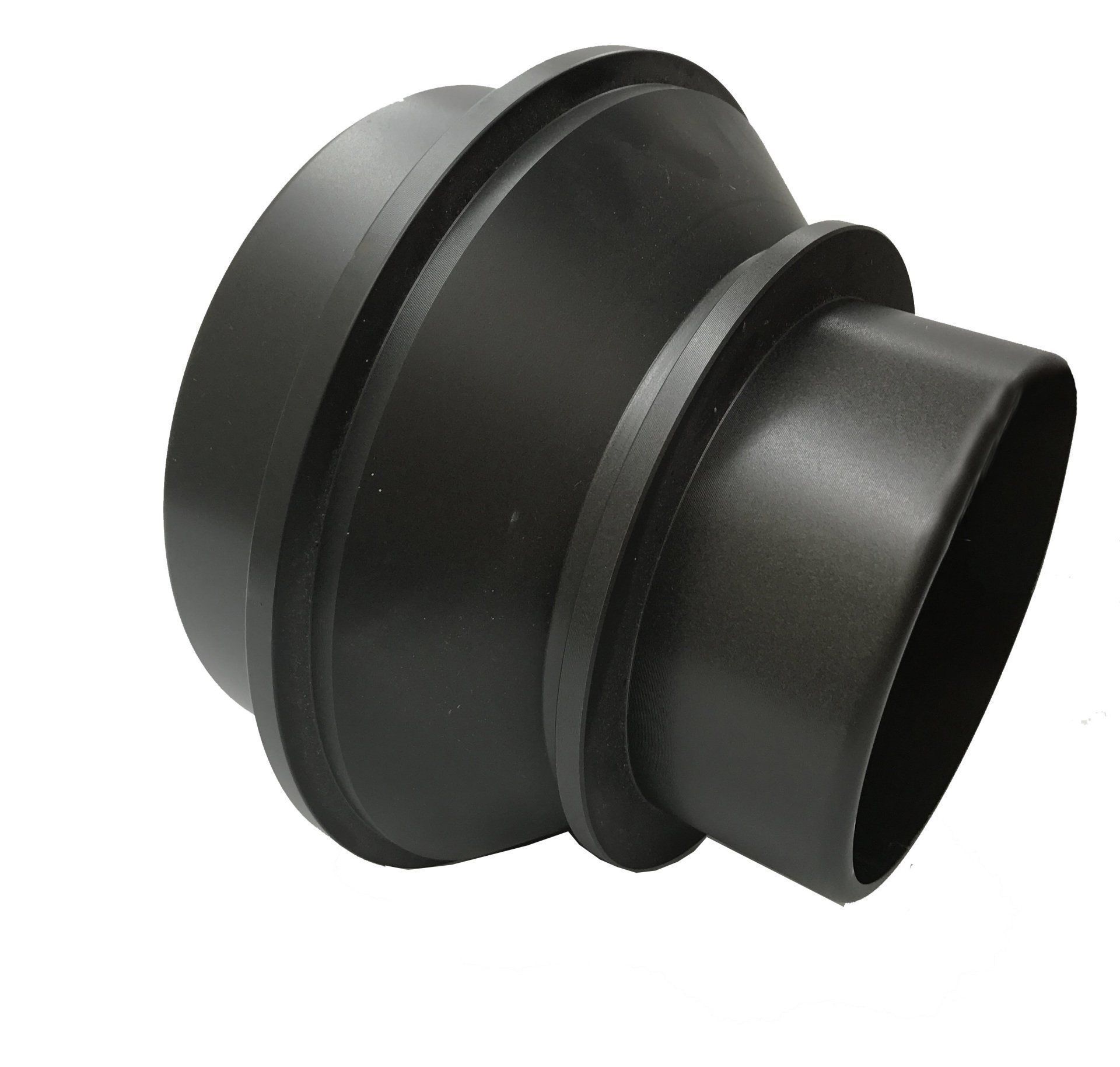 Black plastic pipe adapter fitting with a wide flange on a white background