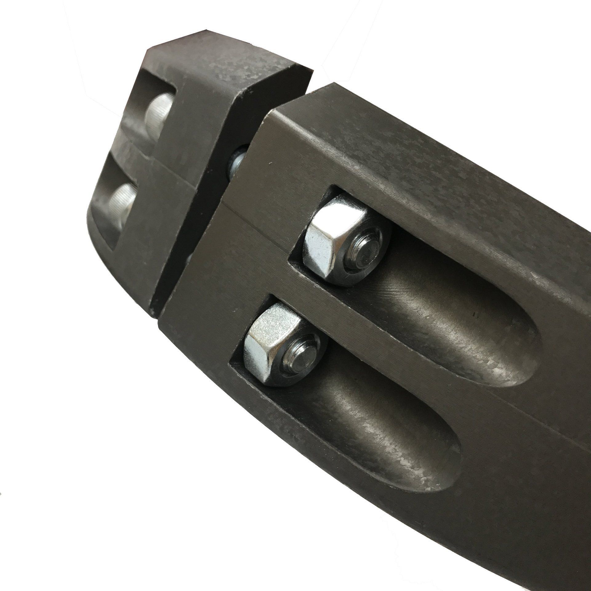 Close-up of two dark metal mechanical parts with bolts and an adjustable joint.