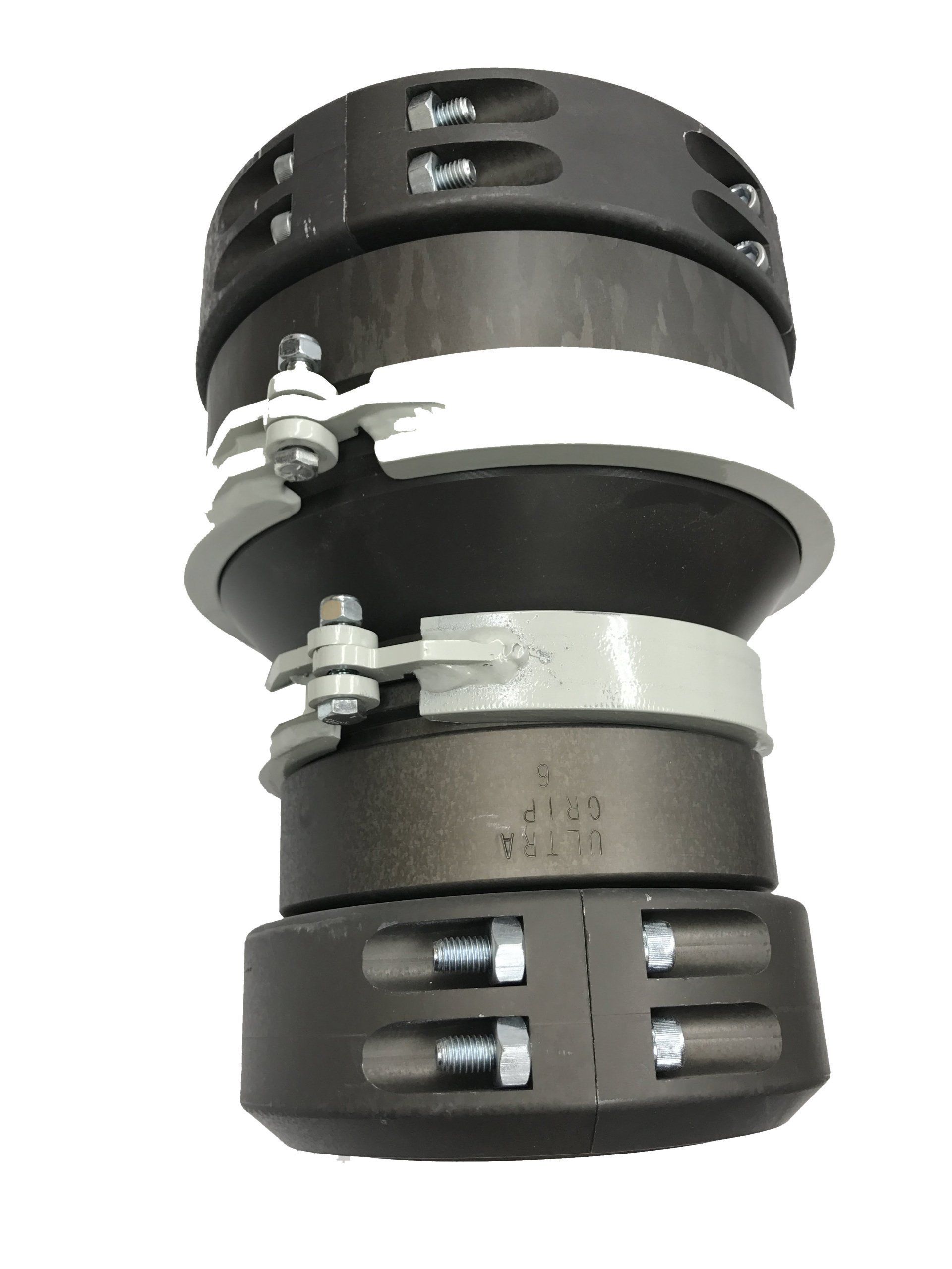 Black and silver metal mechanical coupling with bolts, shown against a white background