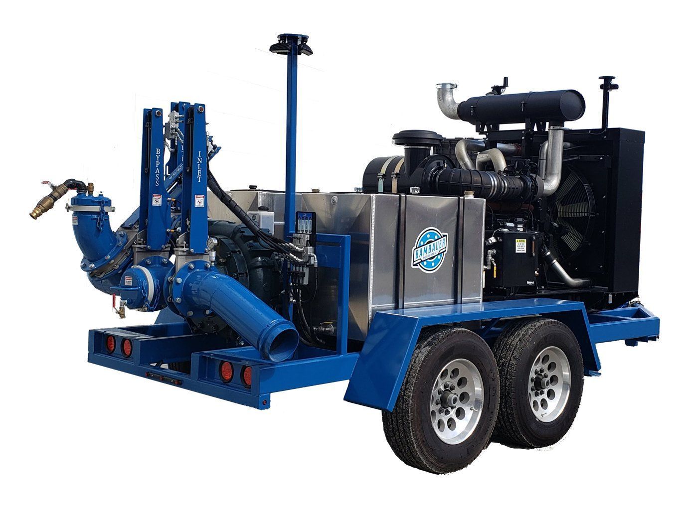 Blue industrial trailer-mounted pump/generator unit with dual axles and engine components