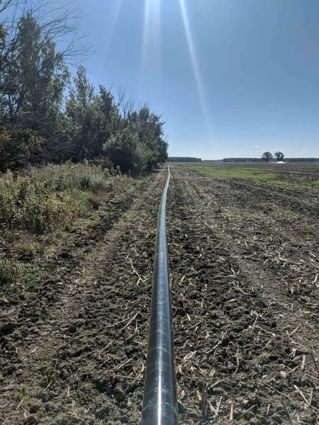 Black irrigation pipe running through a tilled field under a clear blue sky