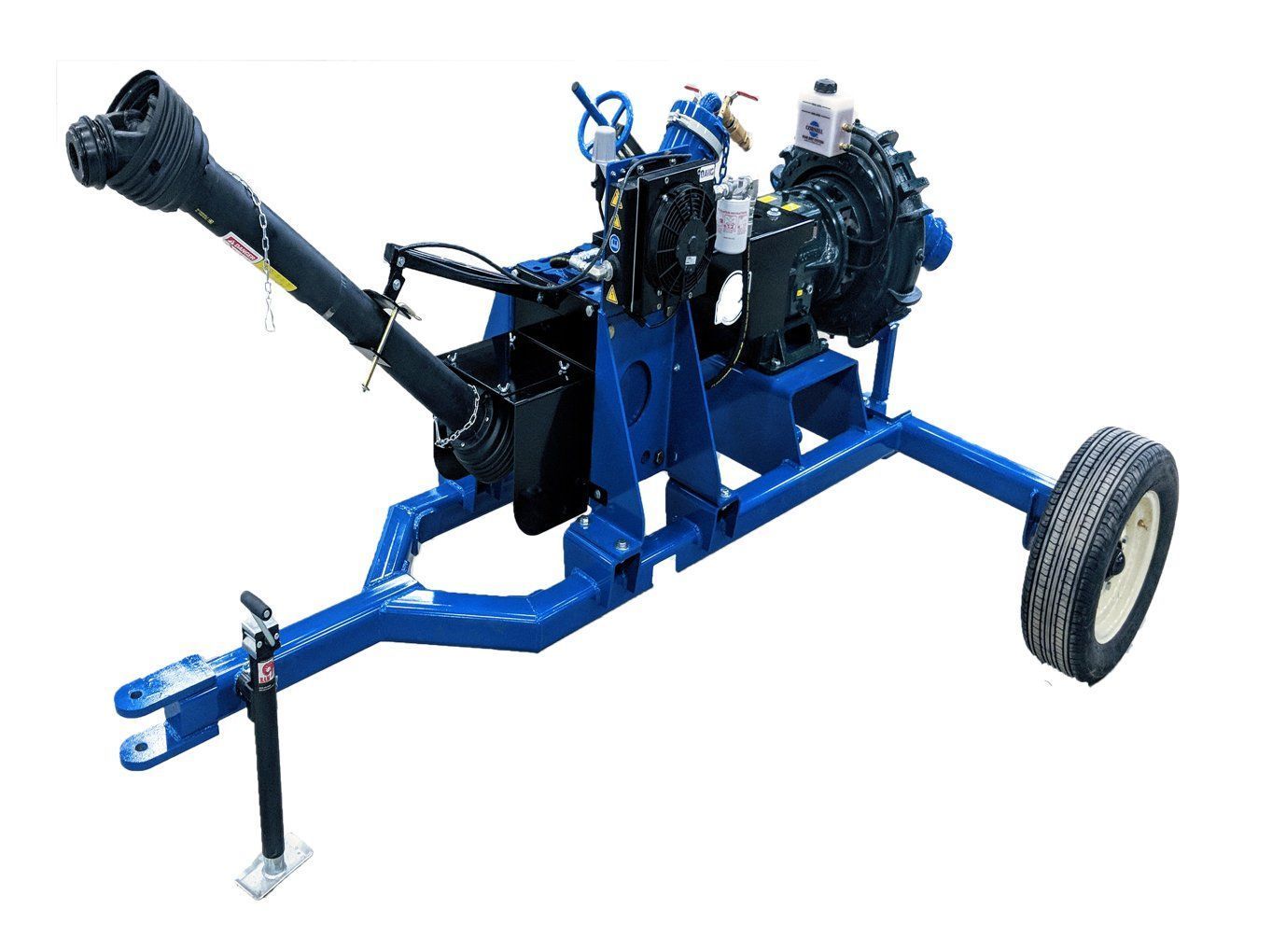 Blue farm machine trailer with PTO shaft, single wheel, and support jack on white background