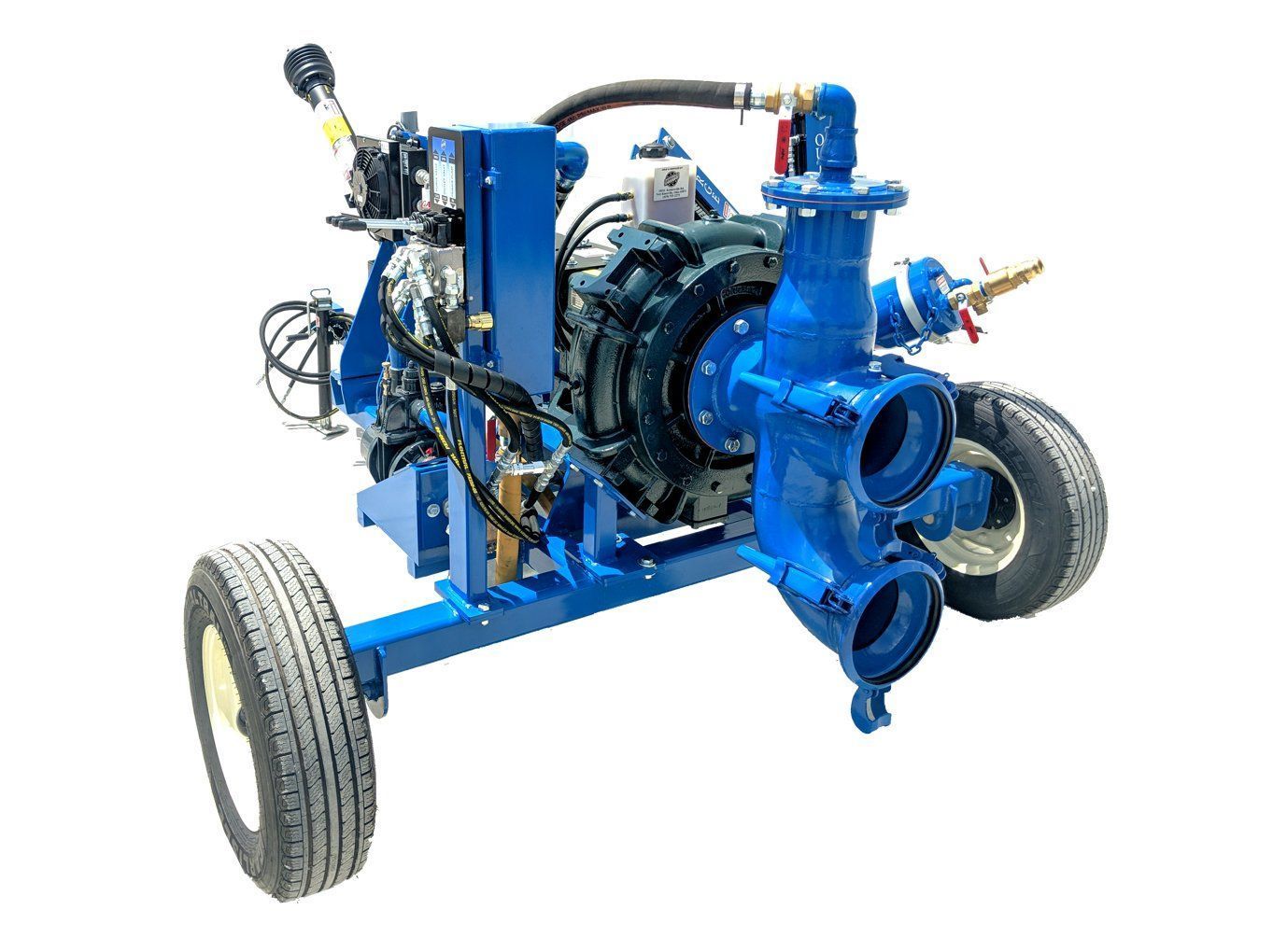 Blue industrial machine chassis with wheels and exposed engine components on a white background