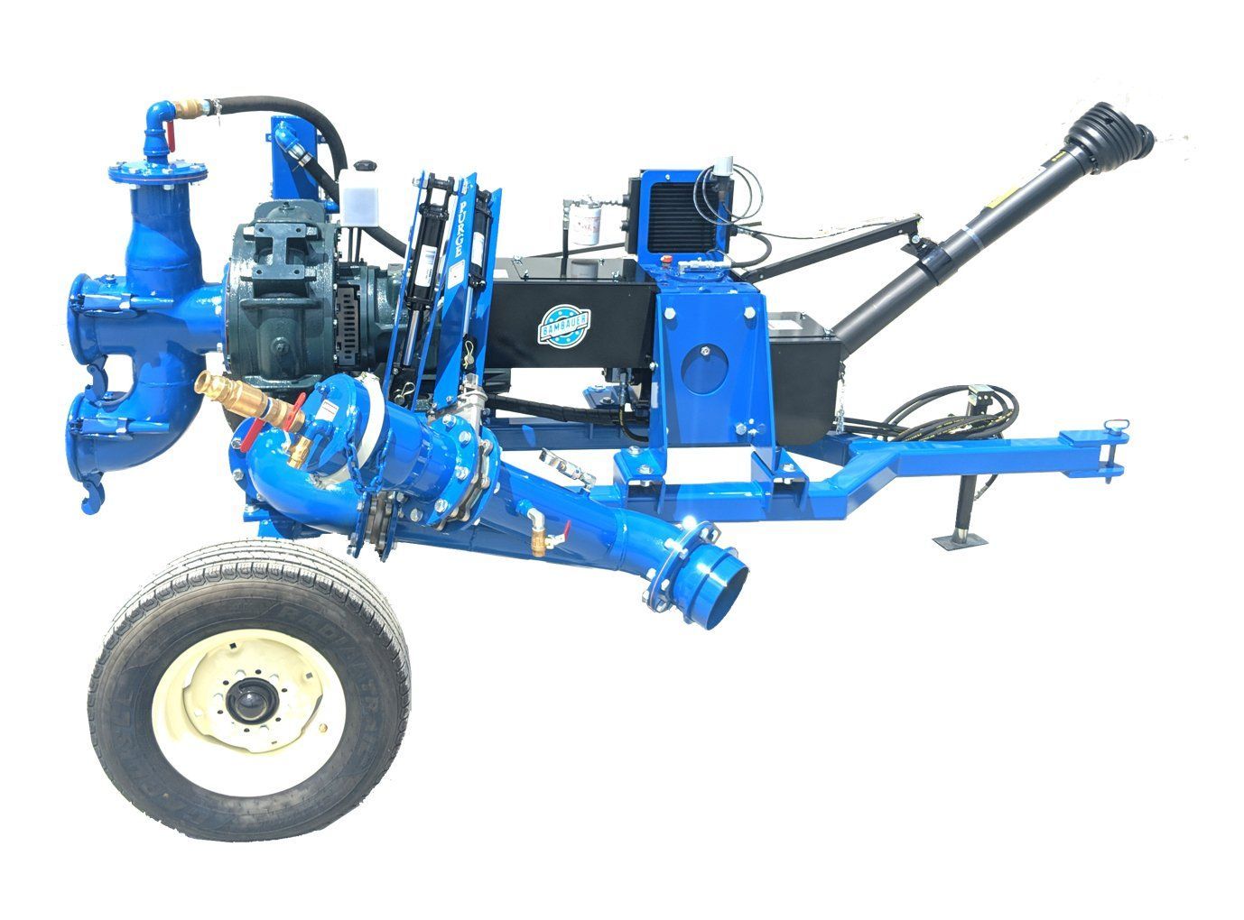 Blue industrial pump and motor assembly on a wheeled trailer frame, isolated on white background
