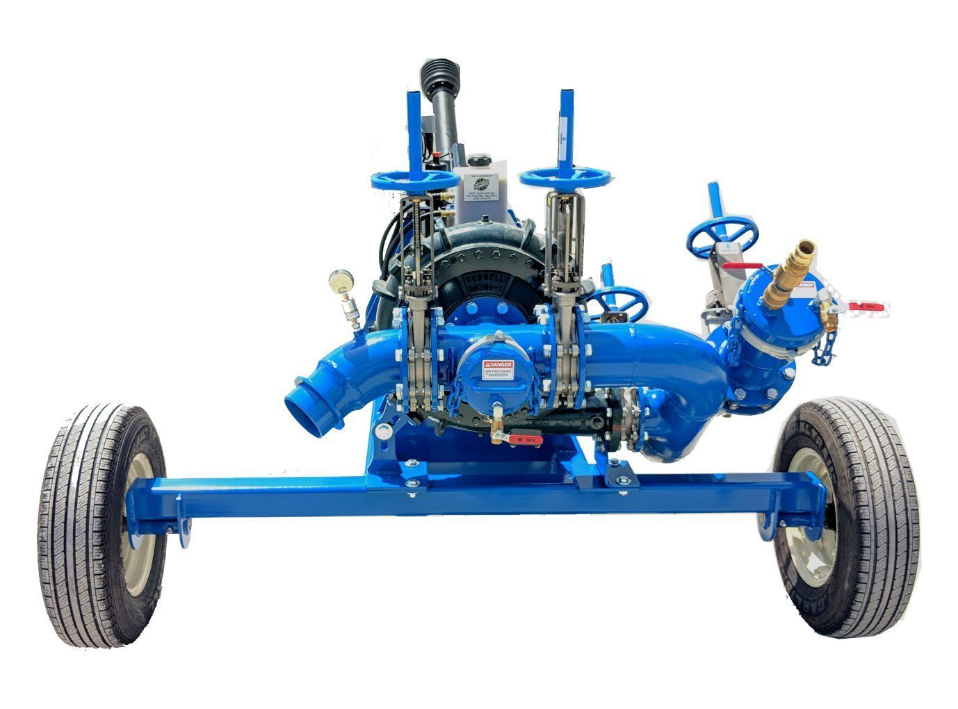 Blue mechanical assembly on a wheeled frame with visible engine and steering components
