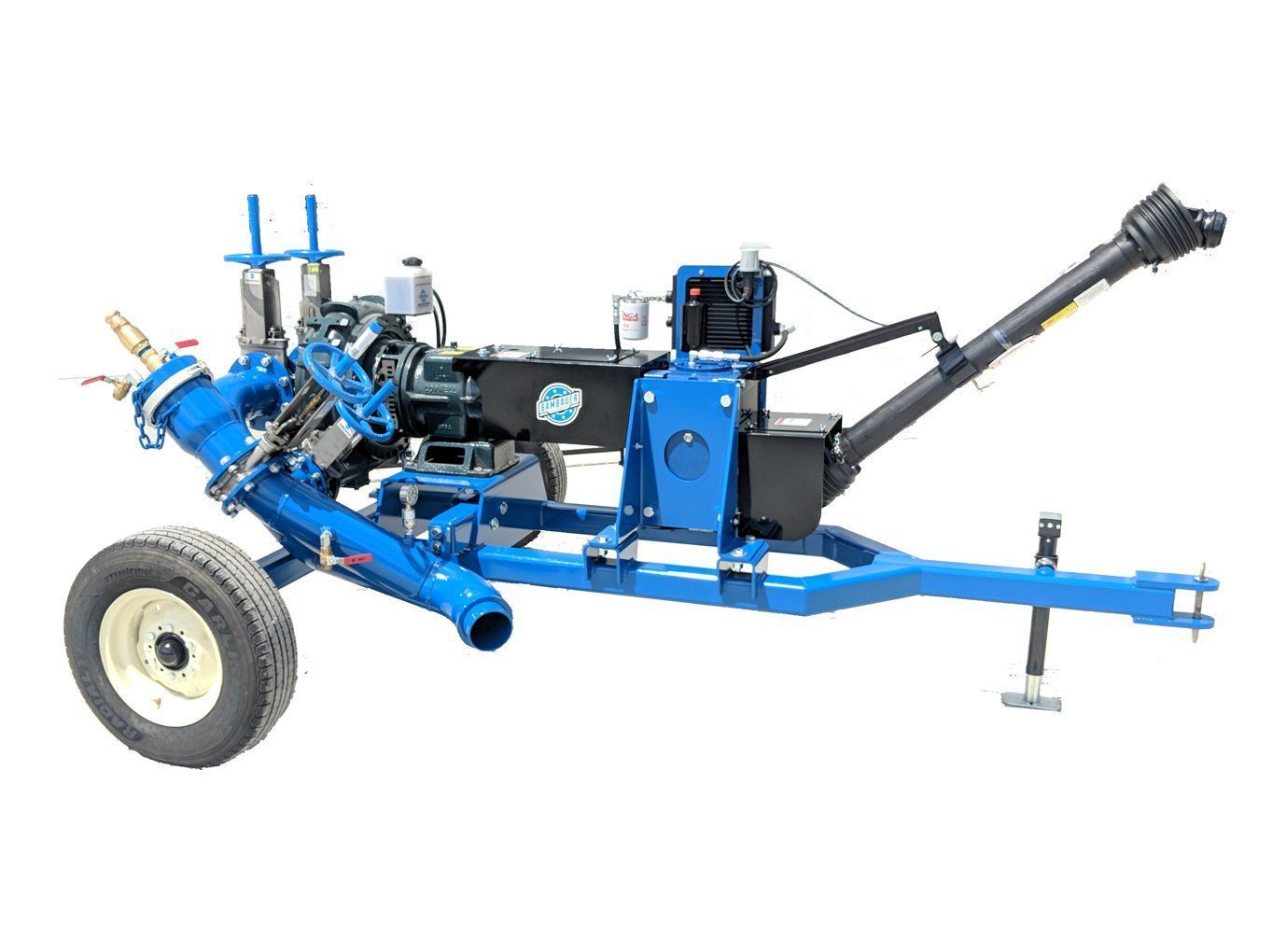 Blue farm trailer with mounted machinery and long black drawbar on a white background