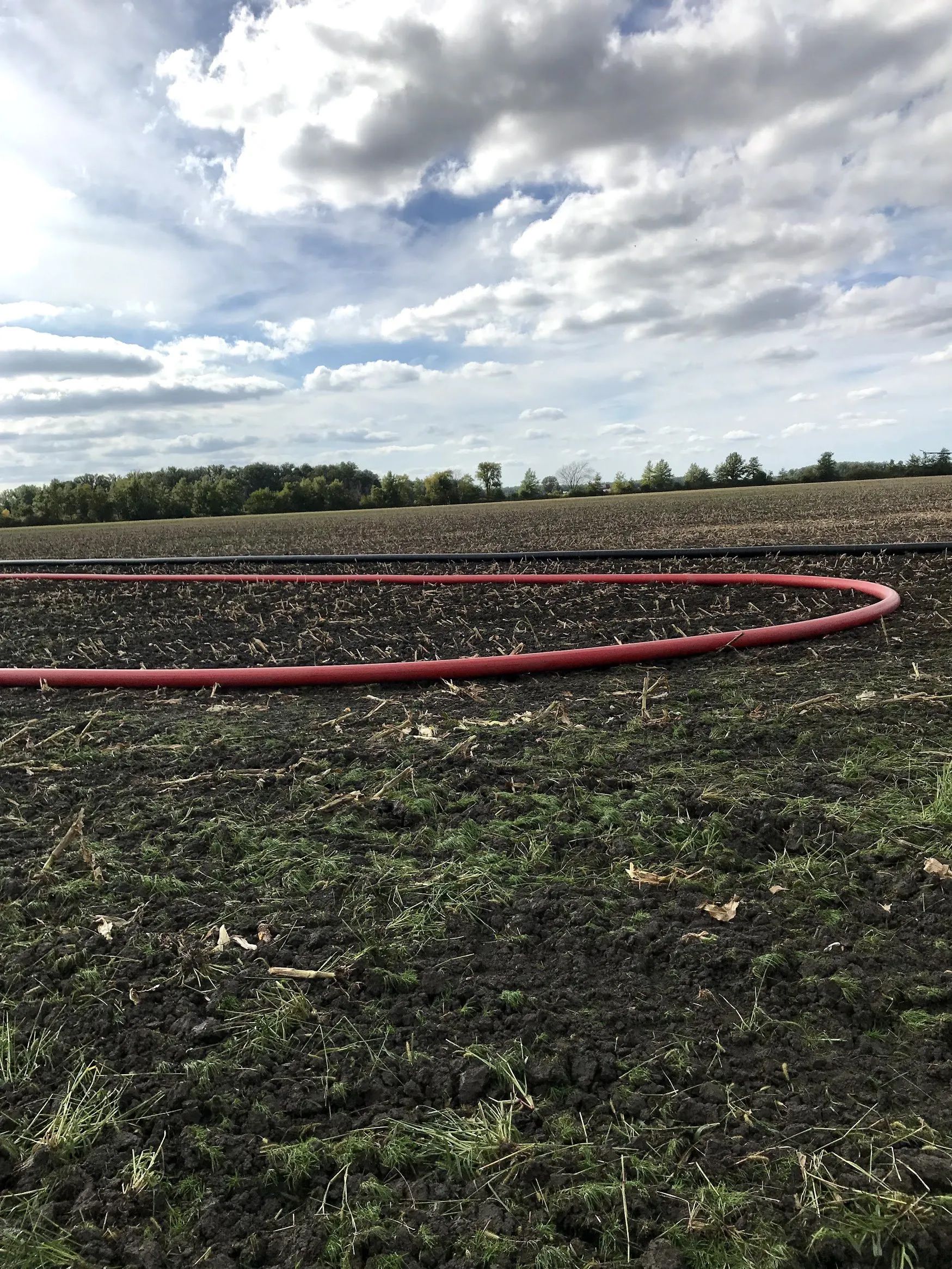 A red irrigation pipe curves across a muddy field under a cloudy sky.