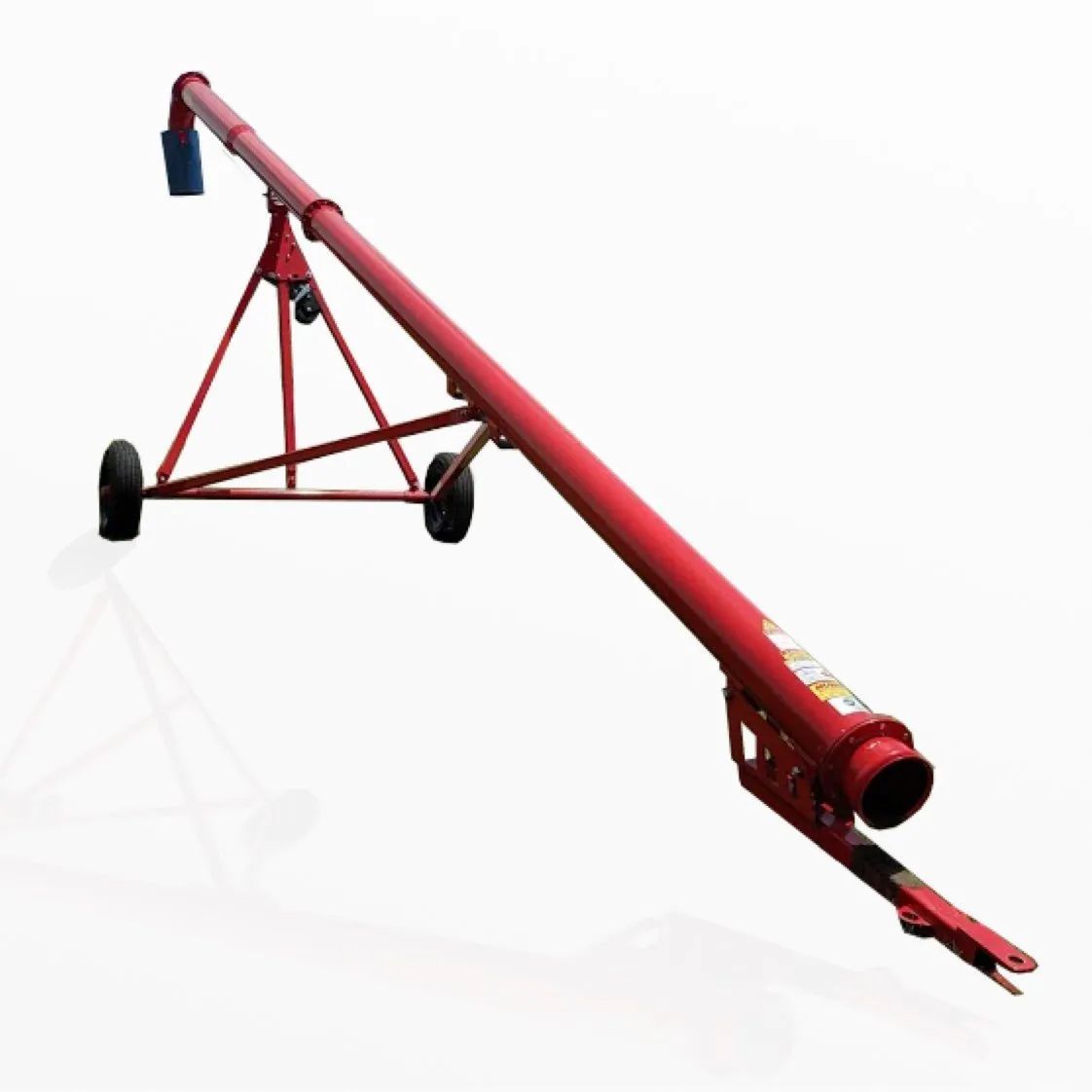 Red grain auger conveyor with wheels and support frame on a white background