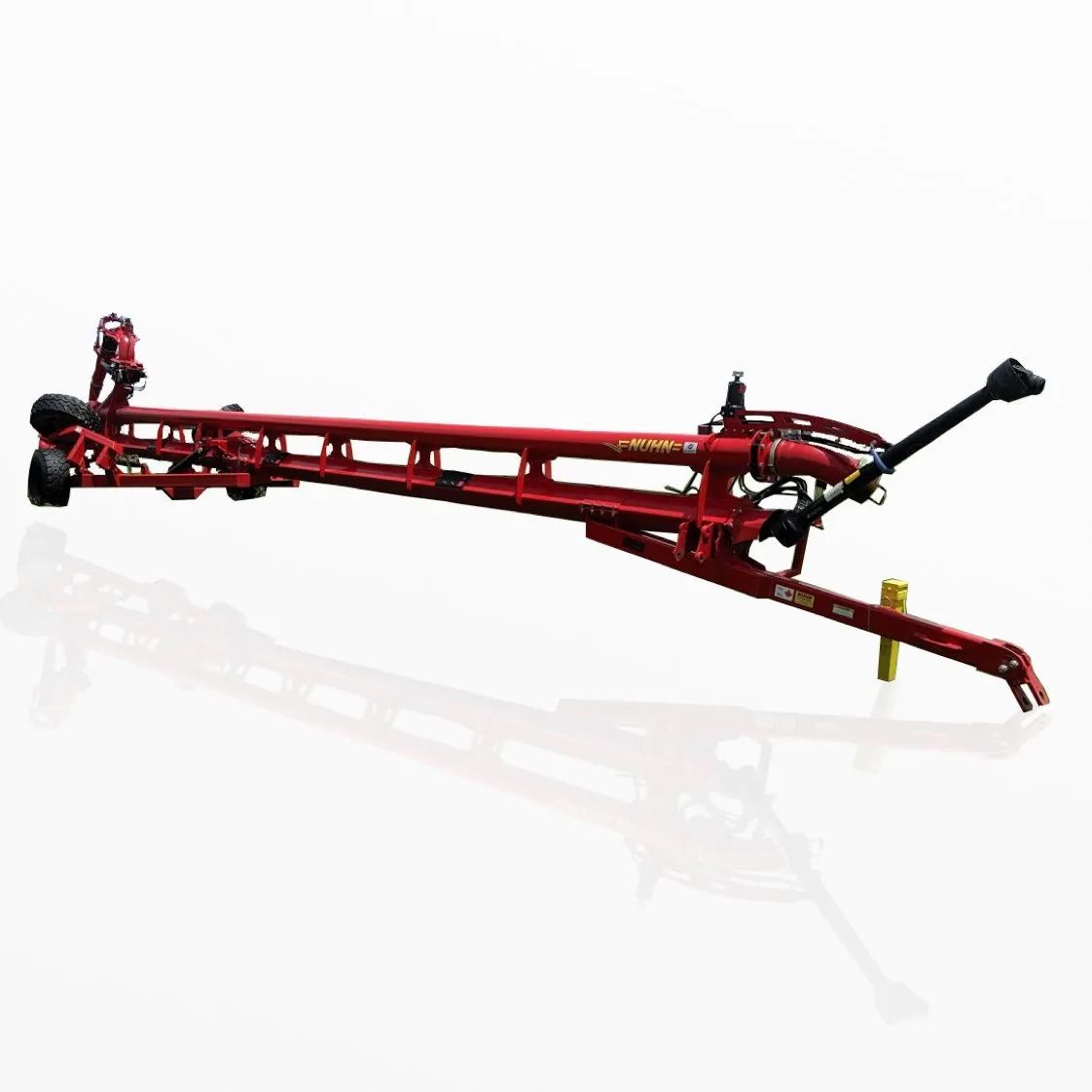 Red agricultural sprayer boom with folded arms on a white background
