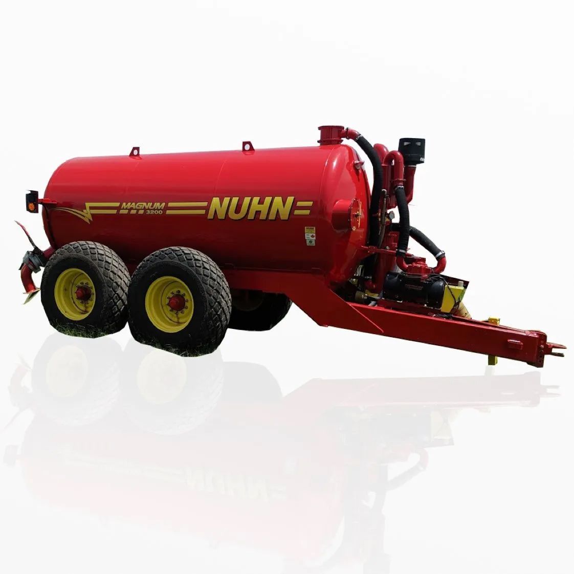 Red NUHN manure tanker trailer with yellow wheels on a white background