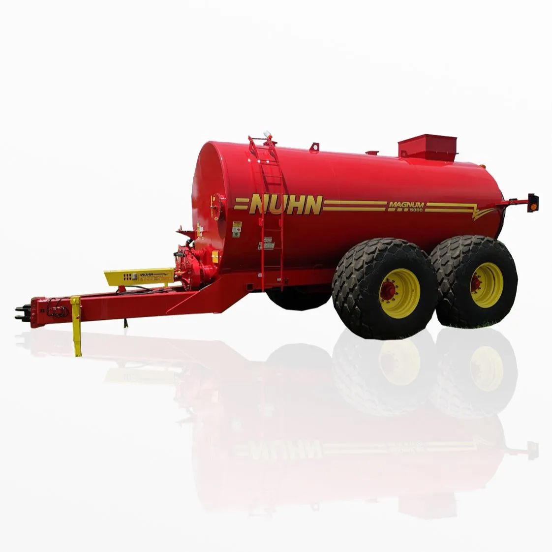 Red agricultural tanker trailer with black tires and yellow hitch on a white background