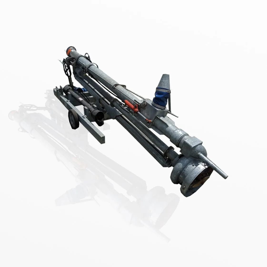Gray mechanical device with a long barrel and wheels, shown on a white background