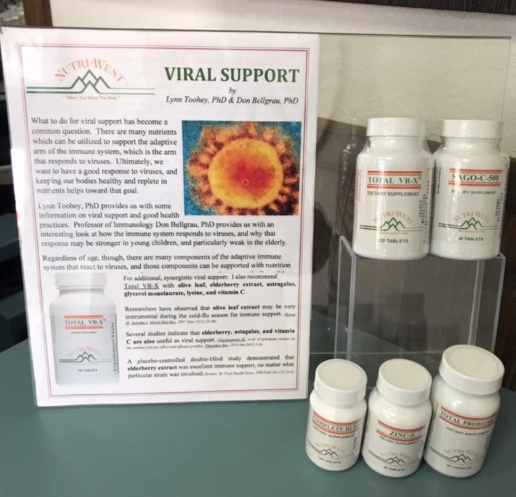 Several bottles of viral support are on display on a table