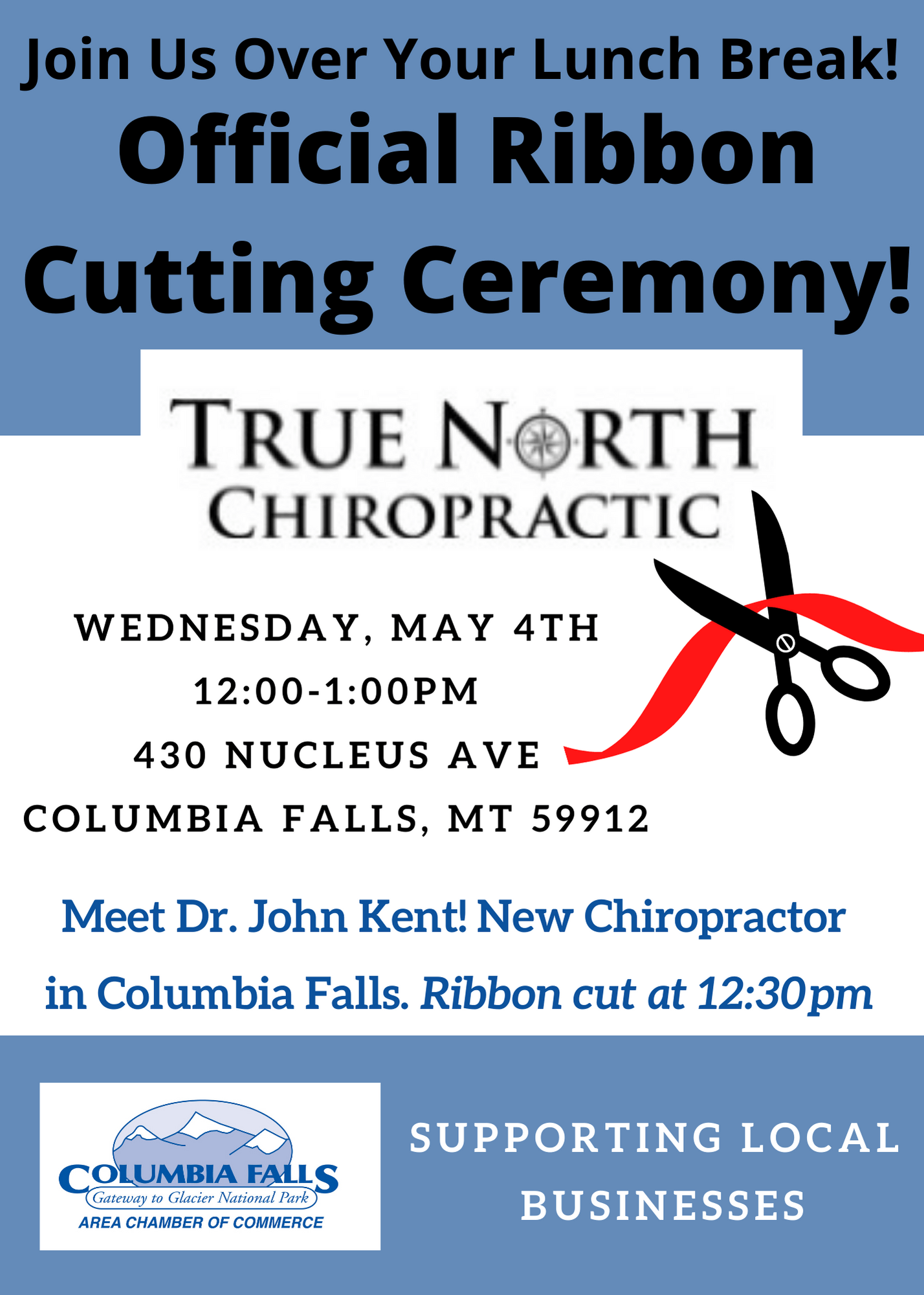True north chiropractic is holding an official ribbon cutting ceremony on wednesday may 4th