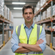 Warehouse worker in a yellow safety vest standing with arms crossed in an aisle of a storage warehouse