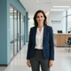 Professional woman in a navy blazer standing in a modern office hallway