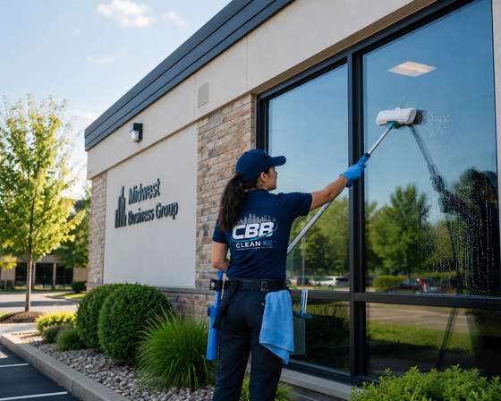 Window cleaner washing glass exterior of a commercial building with a squeegee and bucket