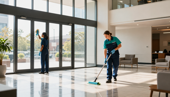Window cleaner washing glass exterior of a commercial building with a squeegee and bucket
