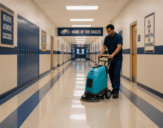 Custodian operating a floor scrubber in a school hallway with blue lockers and a “Home of the Eagles” sign
