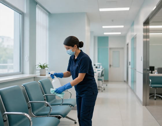 Healthcare worker disinfecting teal waiting room chairs in a bright clinic hallway