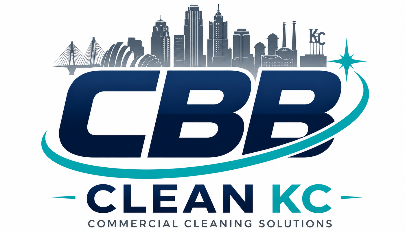 CBB Clean KC commercial cleaning solutions logo with skyline silhouette and blue swoosh