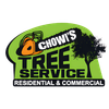 Logo for Chowi&rsquo;s Tree Service with an orange chainsaw, a black tree silhouette, and green background, on white background.