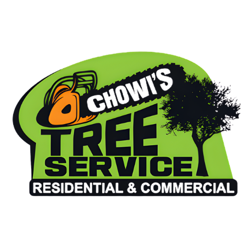 Logo for Chowi’s Tree Service with an orange chainsaw, a black tree silhouette, and green background, on white background.