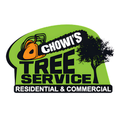 Logo for Chowi&rsquo;s Tree Service with an orange chainsaw, a black tree silhouette, and green background, on white background.