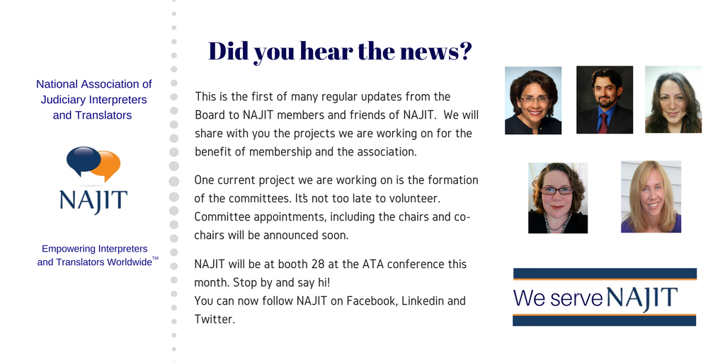 NAJIT newsletter graphic with “Did you hear the news?” headline and staff headshots on the right