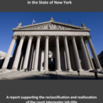 New York courthouse with tall white columns; caption mentions a report on reassessing reallocation of funding.