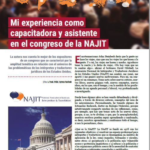 Artículo en español con título rojo “Mi experiencia como capacitadora y asistente en el congreso de la NAJIT” y foto del Capitolio.