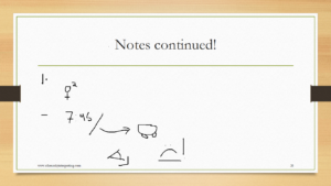 Projected slide titled “Notes continued!” with handwritten symbols and arrows on a white background.