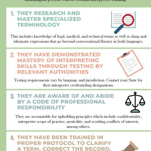 Infographic with numbered legal translation tips in green and orange text, plus magnifying glass, clipboard, and scales icons