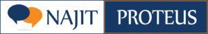 NAJIT and PROTEUS logos side by side, blue text with orange speech bubbles