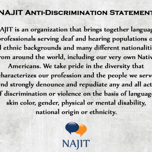 NAJIT anti-discrimination statement on white background with blue logo at the bottom