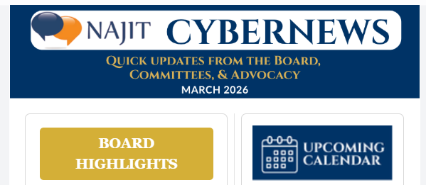 NAJIT CyberNews banner with board highlights and upcoming calendar, March 2026