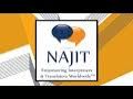 NAJIT logo with a speech bubble on a yellow and orange background, surrounded by papers and a pen.