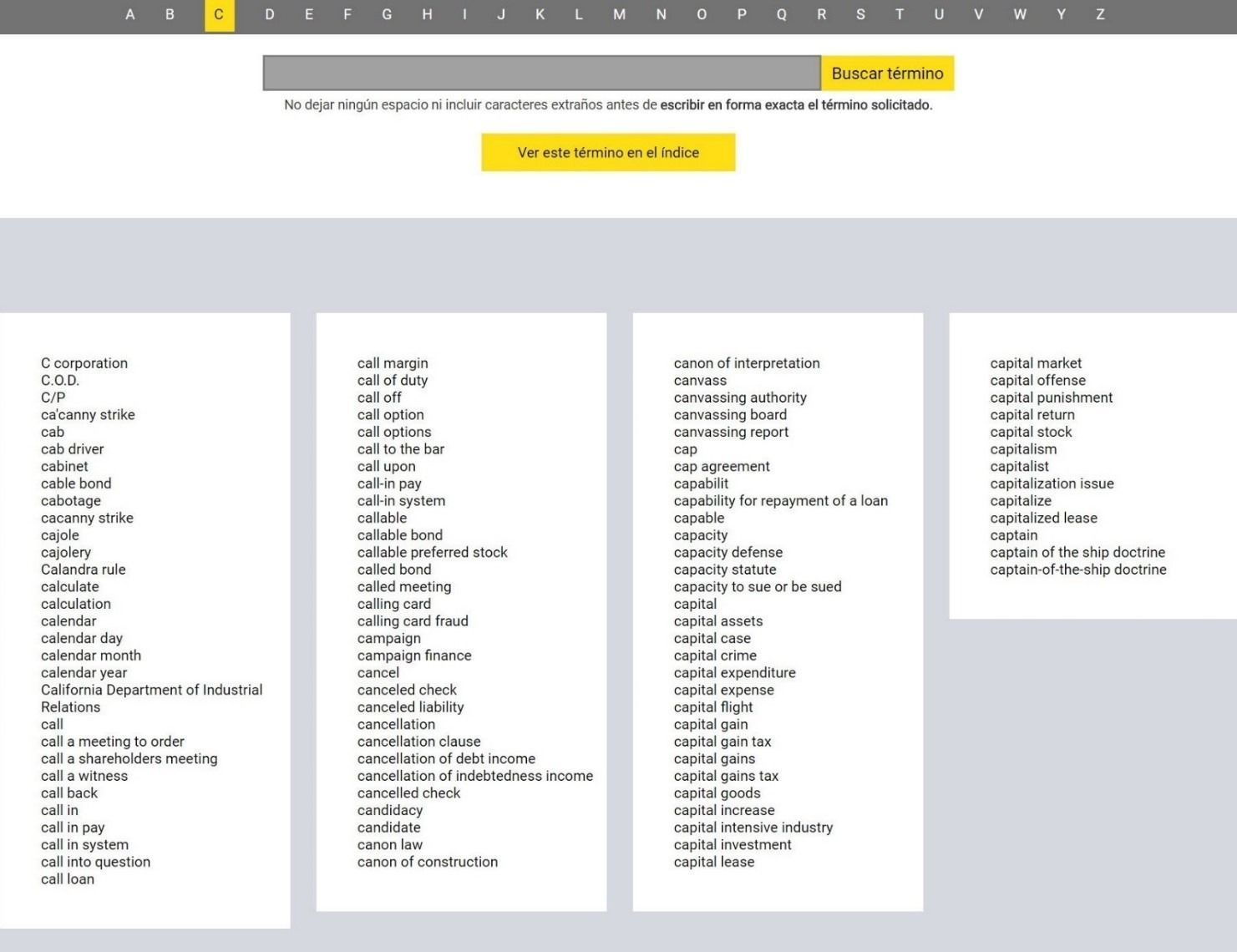 Gray webpage with four white columns of menu links and yellow buttons at the top