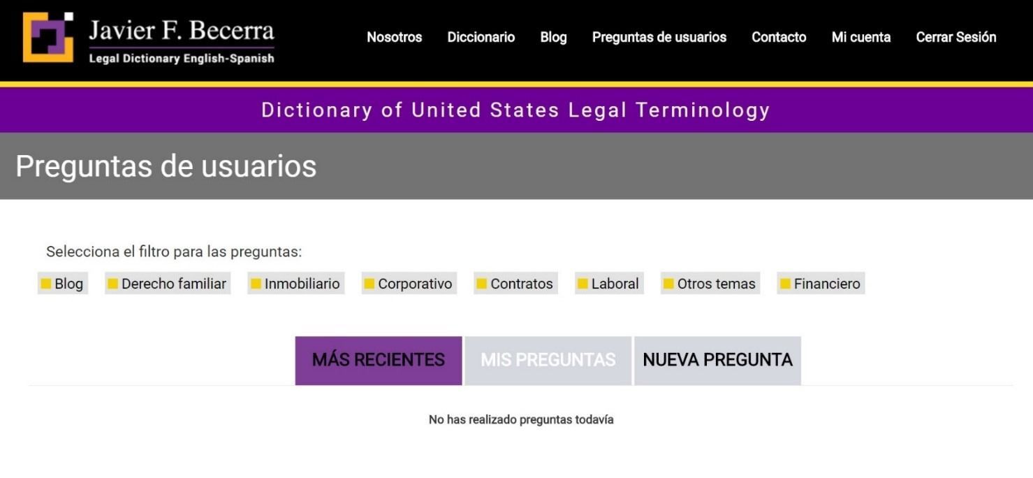 Spanish legal terminology website “Preguntas de usuarios” page with top navigation and purple action buttons