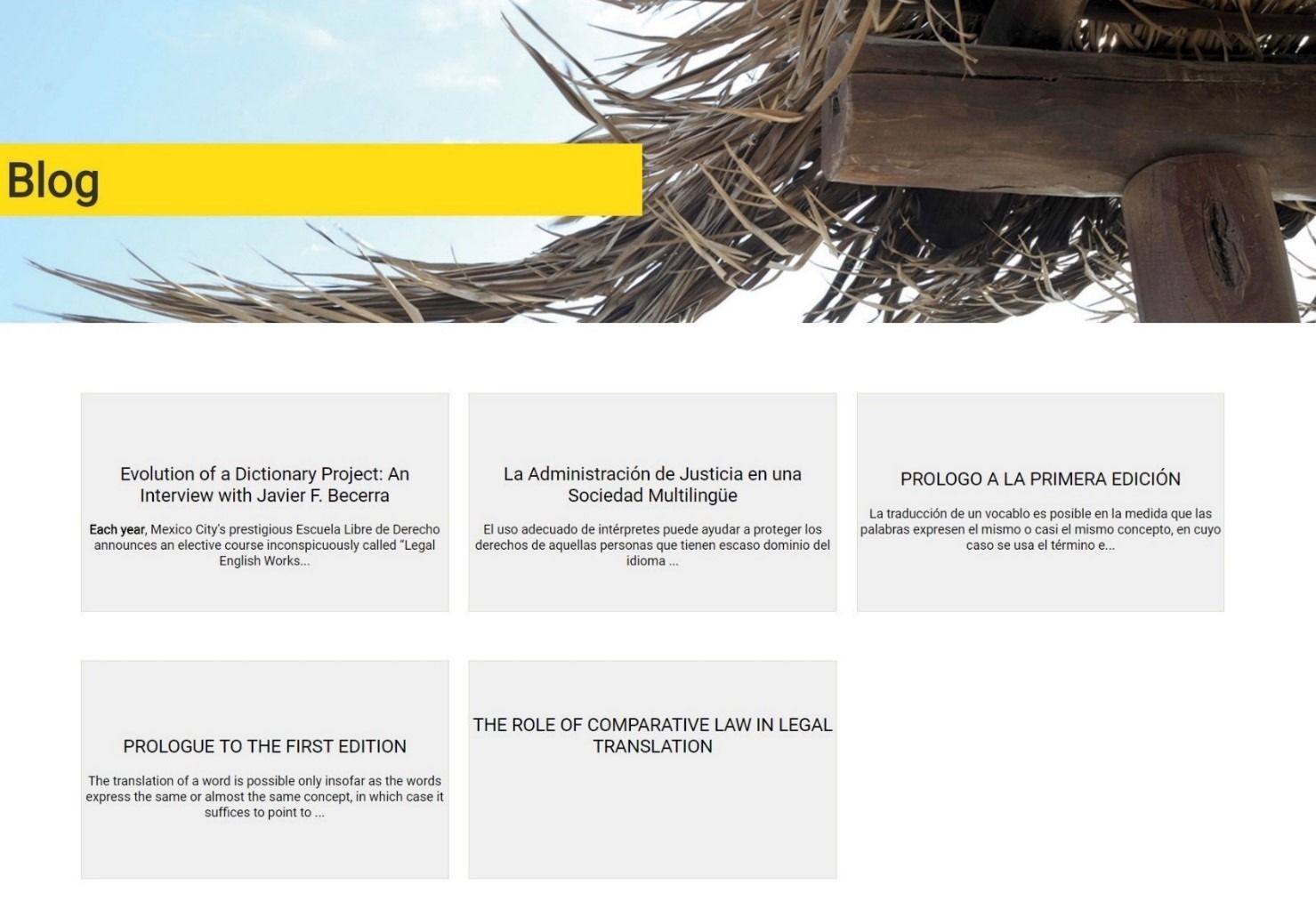Blog page with yellow header and five article cards under a thatched-roof banner.