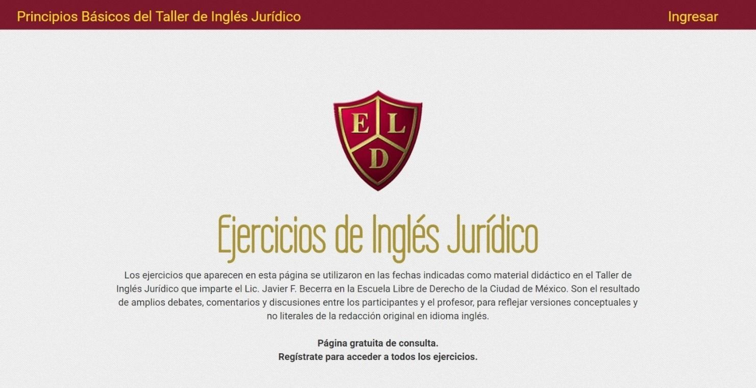 Pantalla de bienvenida de “Ejercicios de Inglés Jurídico” con escudo rojo EL sobre fondo gris claro.