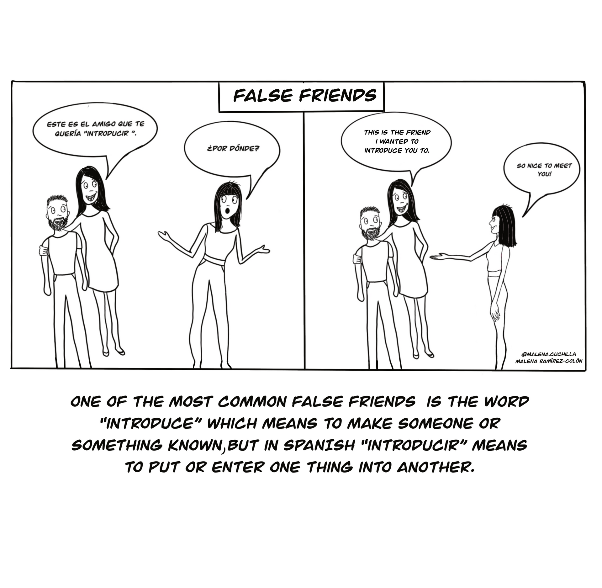 Comic titled “False Friends” showing a word’s misleading meaning in Spanish with two women talking.