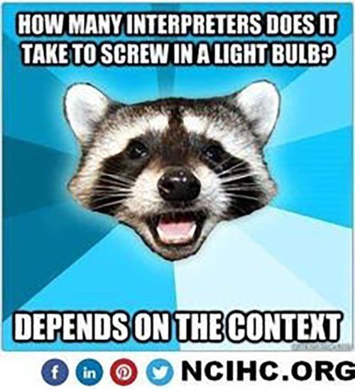Meme with raccoon face and text: “How many interpreters does it take to screw in a light bulb? Depends on the context.”