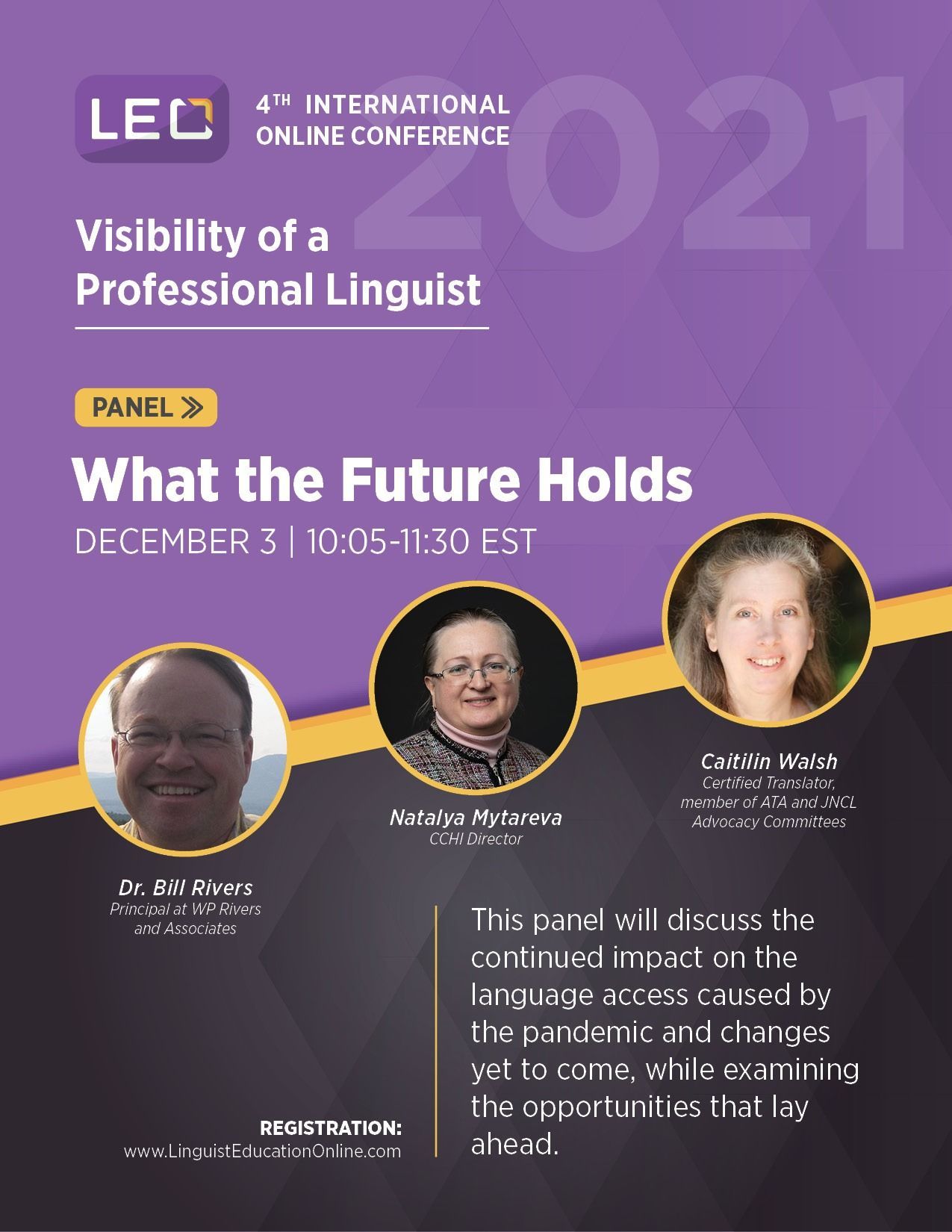 Purple conference poster for “Visibility of a Professional Linguist,” panel 3: “What the Future Holds”